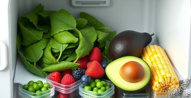 Espinacas, arvejas, moras, maíz y palta