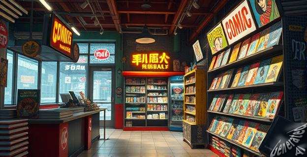 La tienda Cosmic Comics tiene un estilo 0chentero y cuenta con una zona de juegos arcade