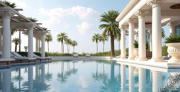 Piscina con columnas y esculturas abierta todo el año