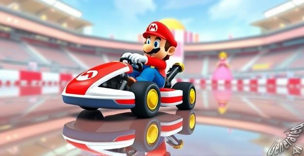 Se accede al modo espejo atravesando una vidriera gigantesca con la Princesa Peach en el Estadio Peach