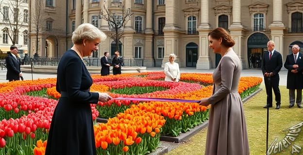 Amalia de Holanda inauguró el jardín de tulipanes en la Plaza de Oriente de Madrid el 7 de abril de 2025.