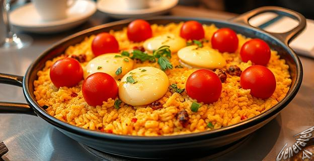 Una paella al estilo risotto con tomates cherry y queso fundido