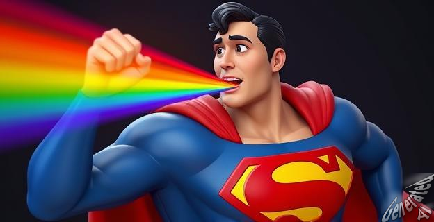 La kryptonita de arcoíris provoca que Superman diga su nombre al revés y dispare un rayo de arcoíris por la boca