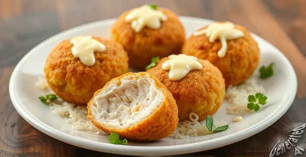 Mezcla 200 gramos de coliflor cocida con 300 gramos de pollo picado y forma croquetas con queso en el centro