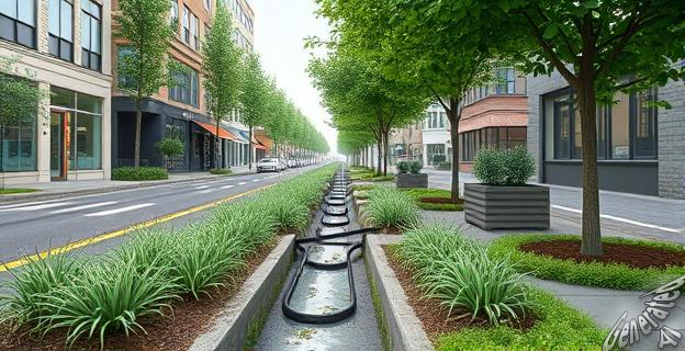 Las calles con jardines pluviales redujeron los picos de caudal en un 52 mm de lluvia