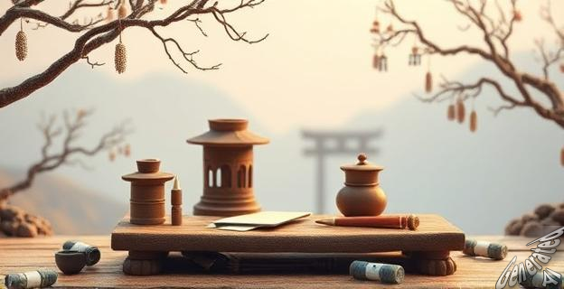 Un estuche de escritura con pinceles, tinta, papel y piedra de entintar