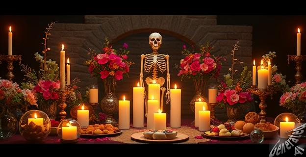Un altar que recrea un espacio para honrar a los difuntos con elementos tradicionales