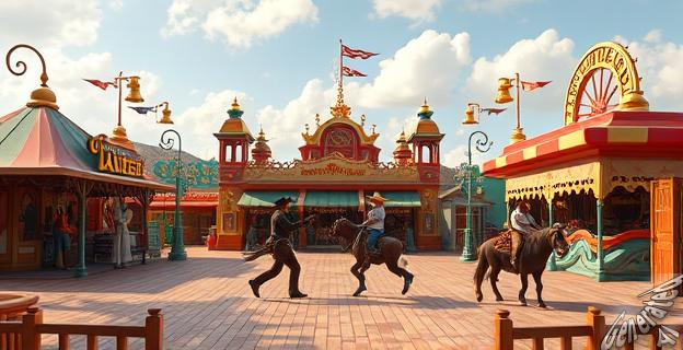 Un western en un parque de atracciones se crea con un duelo del Oeste en un escenario vacacional kitsch