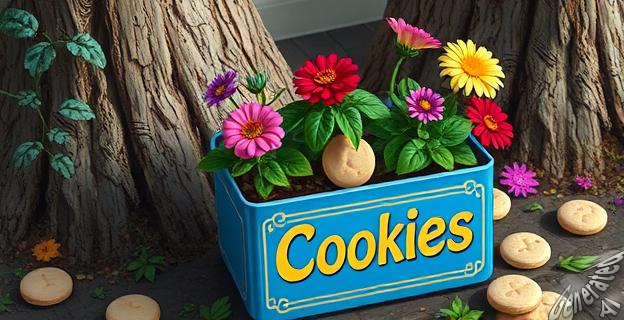 Se puede reutilizar una lata de galletas azul como macetero en el jardín con cortezas de árbol y materiales naturales.