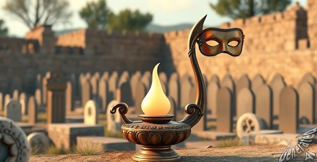 Una lámpara de aceite romana con forma de máscara teatral