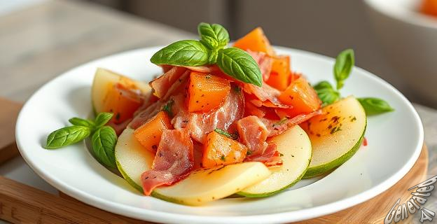 La ensalada de melón a la plancha se hace con 2 tajadas de melón y 3 lonchas de jamón serrano
