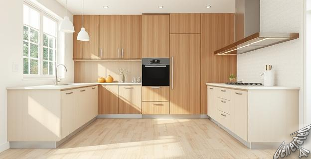 Una reforma integral con suelo vinilado en color beige y encimera de un tono claro similar