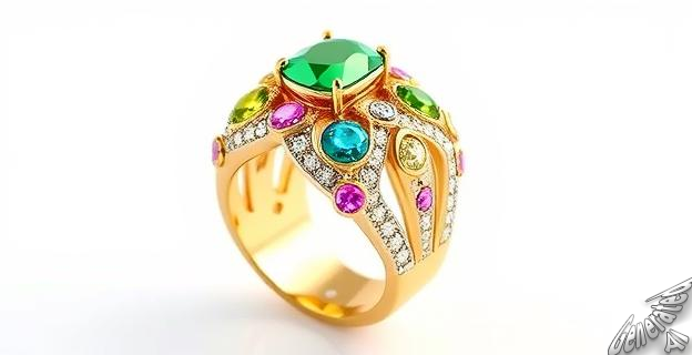 Un anillo de plata multicolor con piedras preciosas y bañado en oro