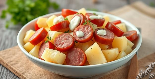 La Kartoffelsalat es una receta alemana que se elabora con patatas, cebolla, salchichas cocidas y mayonesa