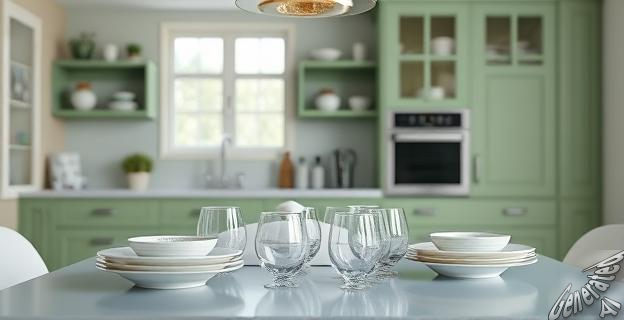 Vajillas de Duralex, platos de latón, mantas de ganchillo, alacenas verdes y sillones de mimbre