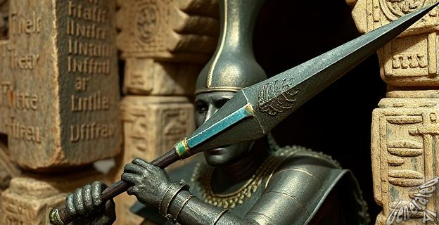 Un guerrero de 2 metros de estatura con una lanza de bronce de cuatro dientes