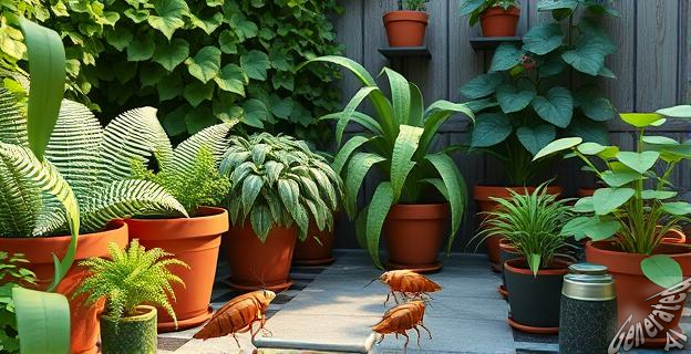 Helechos, hiedra y plantas en macetas con tierra húmeda atraen cucarachas