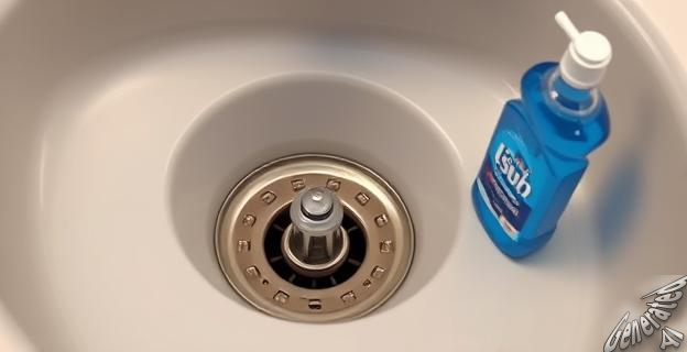 Verter agua caliente con detergente líquido del lavavajillas por el desagüe