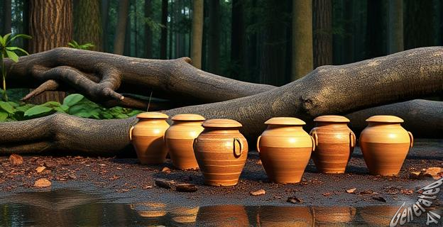 Siete urnas de cerámica con restos humanos y huesos de peces y quelonios